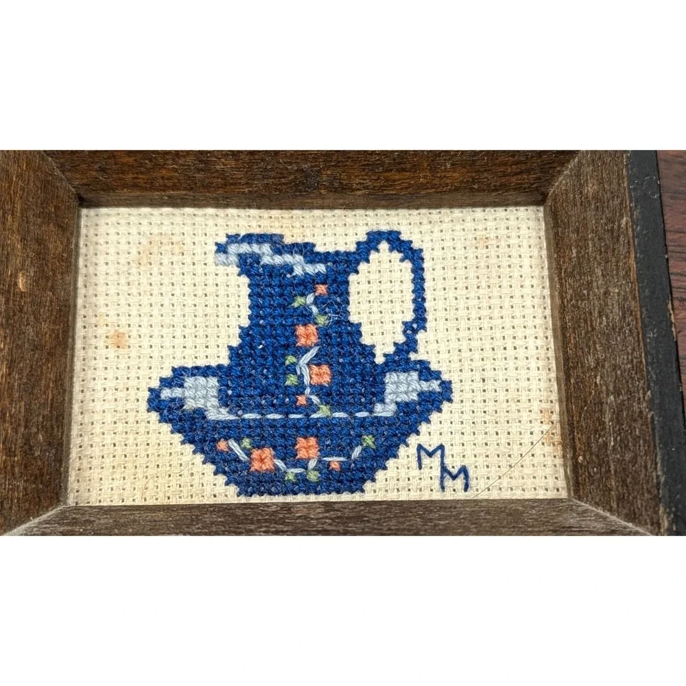 Vintage Mini Framed Cross Stitch Blue Floral Pitcher Folk Art Dollhouse Decor